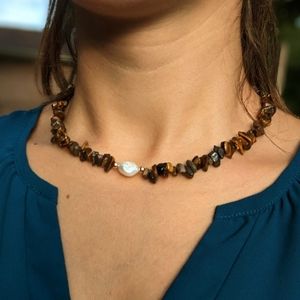 New Tigers Eye And Pearl Choker